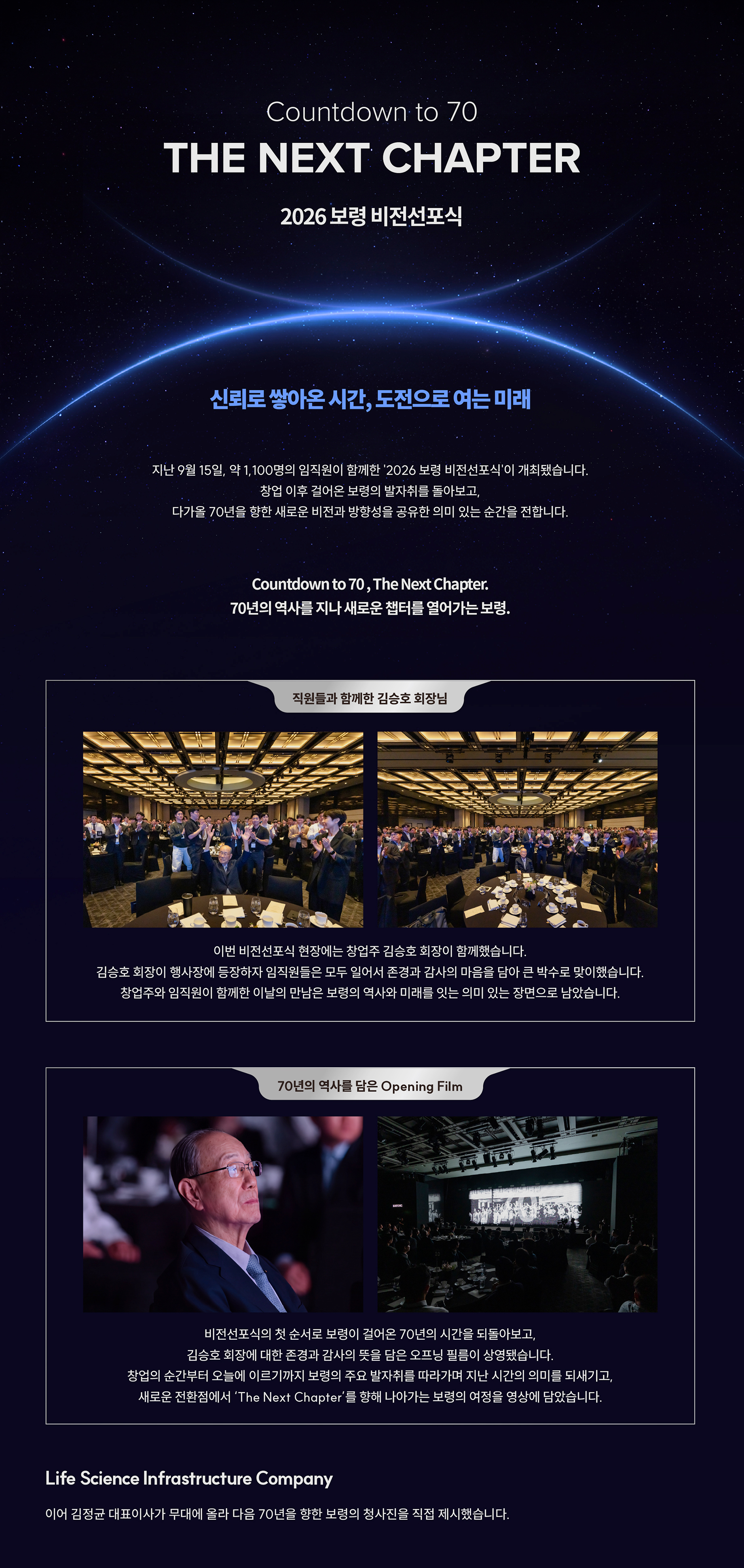 Countdown to 70 : The Next Chapter — 2026 보령 비전선포식 현장. 신뢰로 쌓아온 시간, 도전으로 여는 미래. 2027년 창업 70주년을 앞두고 보령이 새로운 전환점에 섰습니다. 지난 9월 15일 그랜드 하얏트 서울에서 열린 ‘2026 보령 비전선포식’에 약 1,100명의 임직원이 모였습니다. 창업주 김승호 회장이 함께한 현장과, 김정균 대표이사가 제시한 비전 ‘Life Science Infrastructure Company’.